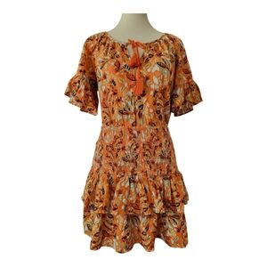 💕Aerie 100% Cotton Orange Floral Dress with Smocked Dropped Waistband Size M‎